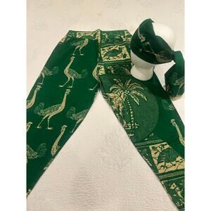 Baggy Pants & Head Scarf Women Sz SM Green Animal Print Boho Festival Africa